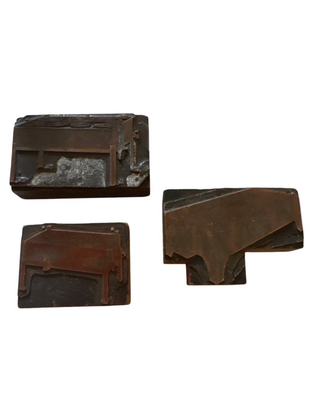 Lot of 3 Vintage Letterpress Printing Blocks Copper Furniture Cabinet Desk Stamp